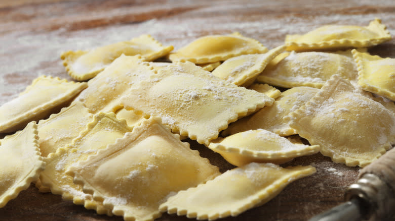 Raw ravioli on countertop 