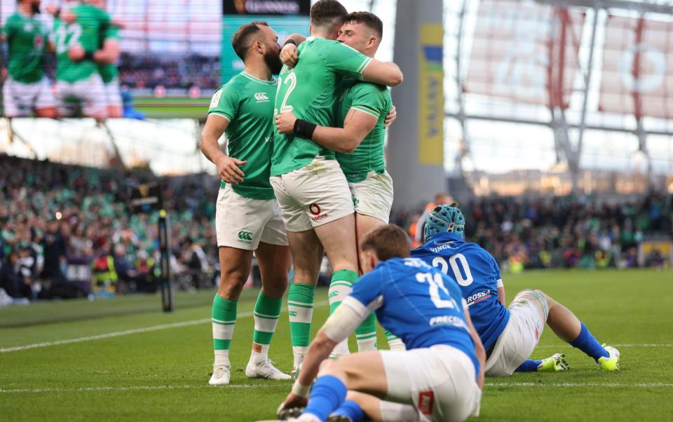 Ireland's Calvin Nash celebrates with Stuart McCloskey after scoring a try