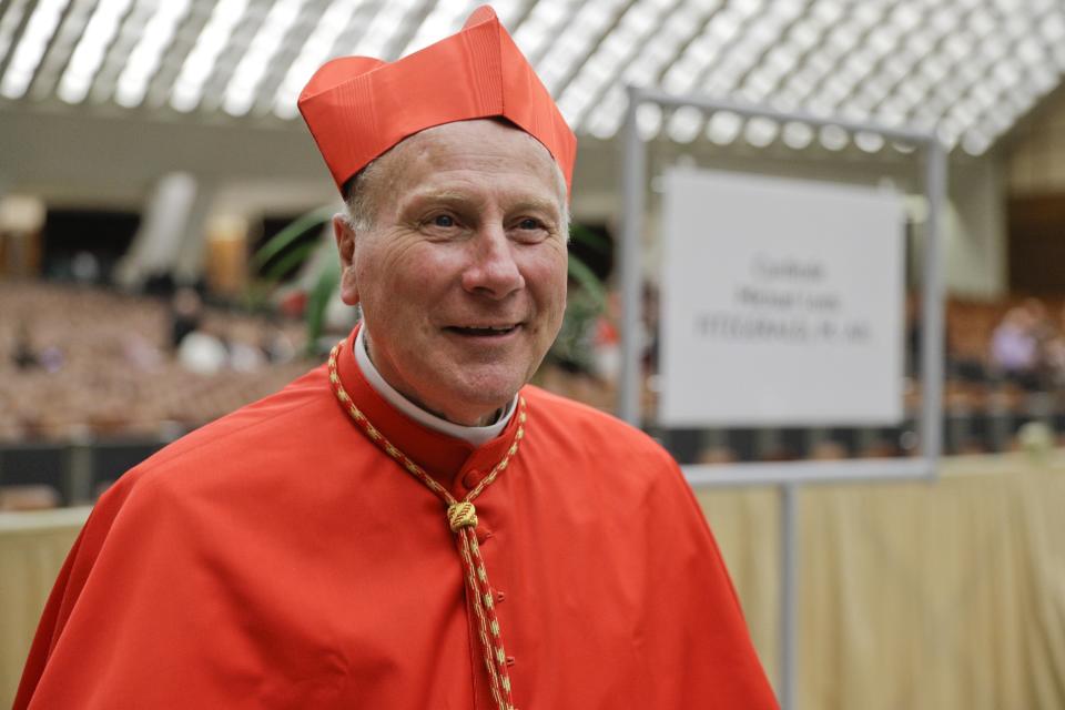 Cardinal Michael Louis Fitzgerald poses for photographers prior to meeting relatives and friends after he was elevated to cardinal by Pope Francis, at the Vatican, Saturday, Oct. 5, 2019. Pope Francis has chosen 13 men he admires and whose sympathies align with his to become the Catholic Church's newest cardinals. (AP Photo/Andrew Medichini)