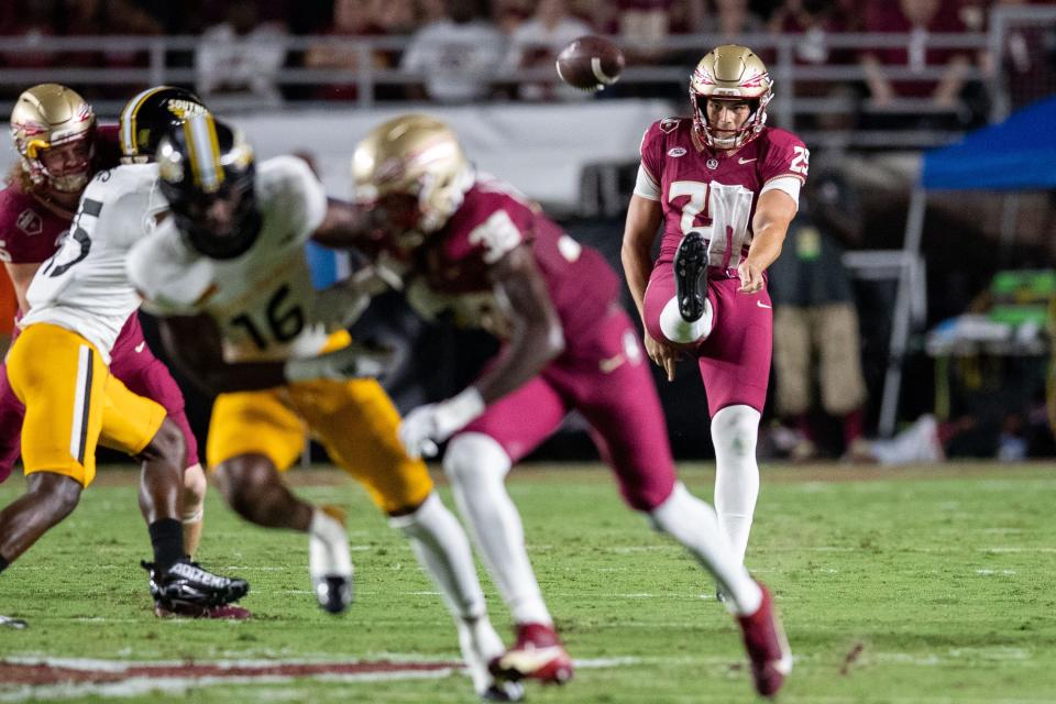 Florida State Seminoles punter Alex Mastromanno (29) punts the ball on fourth down. The Florida State Seminoles defeated the Southern Miss Golden Eagles on Saturday, Sept. 9, 2023.