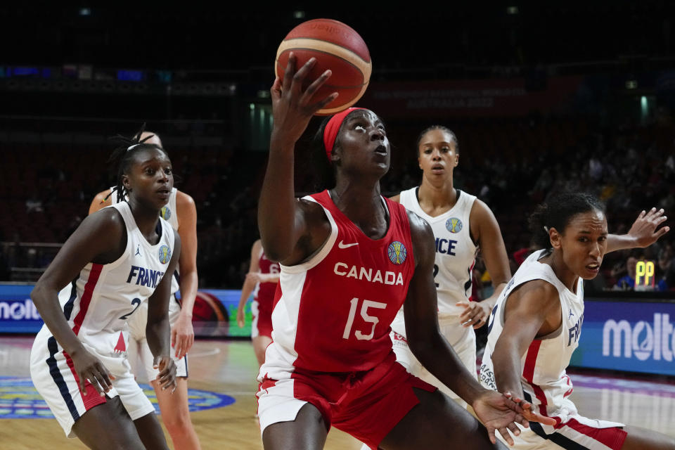 Canada's Laeticia Amihere prepares to shoot for goal during their game at the women's Basketball World Cup against France in Sydney, Australia, Friday, Sept. 23, 2022. (AP Photo/Mark Baker)