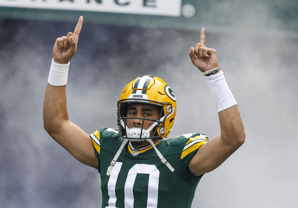 Green Bay Packers quarterback Jordan Love (10) during introductions before the first half of a NFL football game against the New Orleans Saints Sunday, Sept. 24, 2023, in Green Bay, Wis. (AP Photo/Jeffrey Phelps)