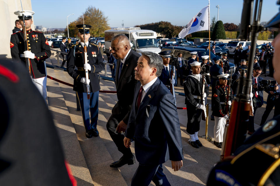 Secretary of Defense Lloyd Austin and South Korea's Minister of National Defense Lee Jong-sup participate in an honor cordon at the Pentagon, Thursday, Nov. 3, 2022, in Washington. (AP Photo/Andrew Harnik)