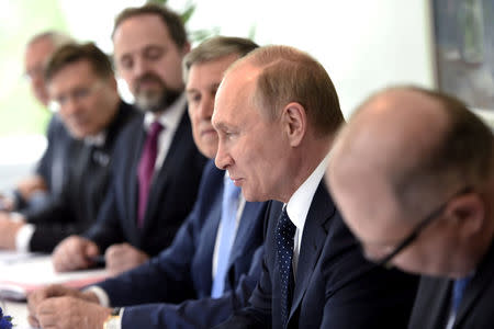 Russian President Vladimir Putin gestures at the beginning of the official discussions with Finnish President Sauli Niinisto (not seen) at the Hotel Punkaharju in Savonlinna, Eastern Finland July 27, 2017. Lehtikuva/Martti Kainulainen/via REUTERS