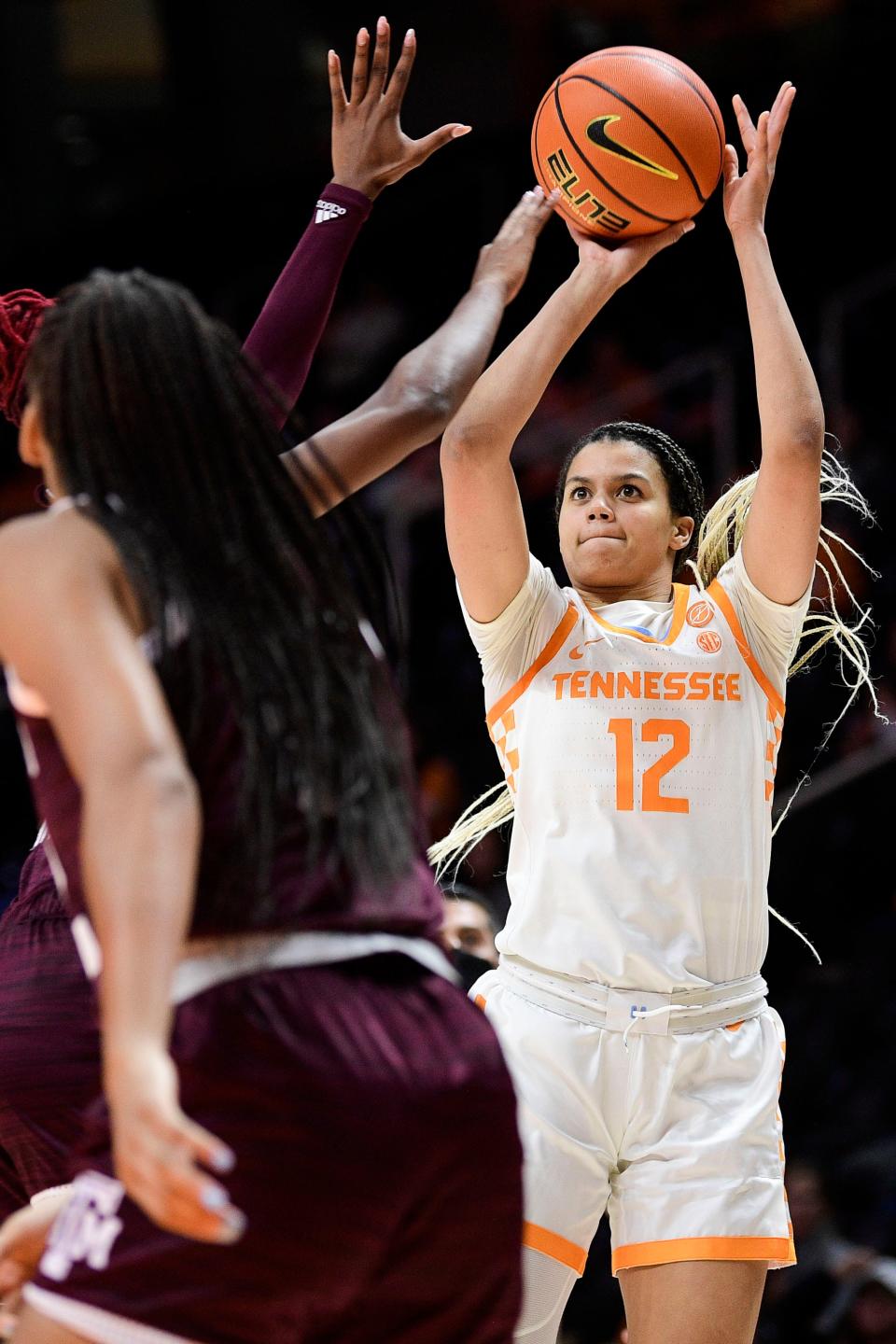 Tennessee guard/forward Rae Burrell (12) shoots the ball during a game between Tennessee and Texas A&M at Thompson-Boling Arena in Knoxville, Tenn. on Thursday, Jan. 6, 2022.