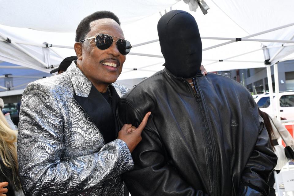 Charlie Wilson (left) and Kanye West at Wilson’s Hollywood Walk of Fame star ceremony on 29 January 2024 (Valerie Macon/AFP via Getty Images)