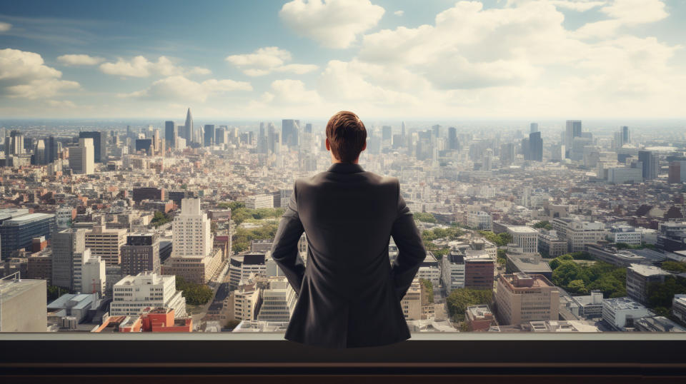 A young real estate investor looking out over a bustling city through binoculars.