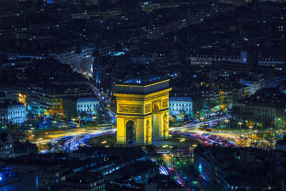 Europe, France, Paris, Aerial view of Triumphal Arch and city