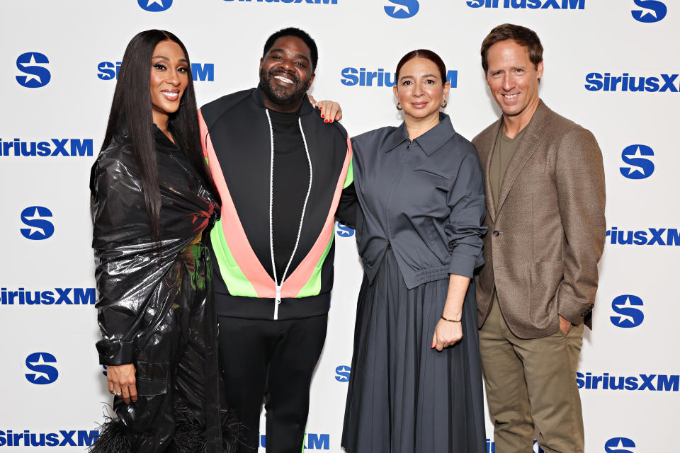 NEW YORK, NEW YORK - MARCH 27: (L-R) Michaela Jaé Rodriguez, Ron Funches, Maya Rudolph and Nat Faxon take part in SiriusXM’s Town Hall with the cast of ‘Loot’ at SiriusXM Studio on March 27, 2024 in New York City.  (Photo by Cindy Ord/Getty Images for SiriusXM)