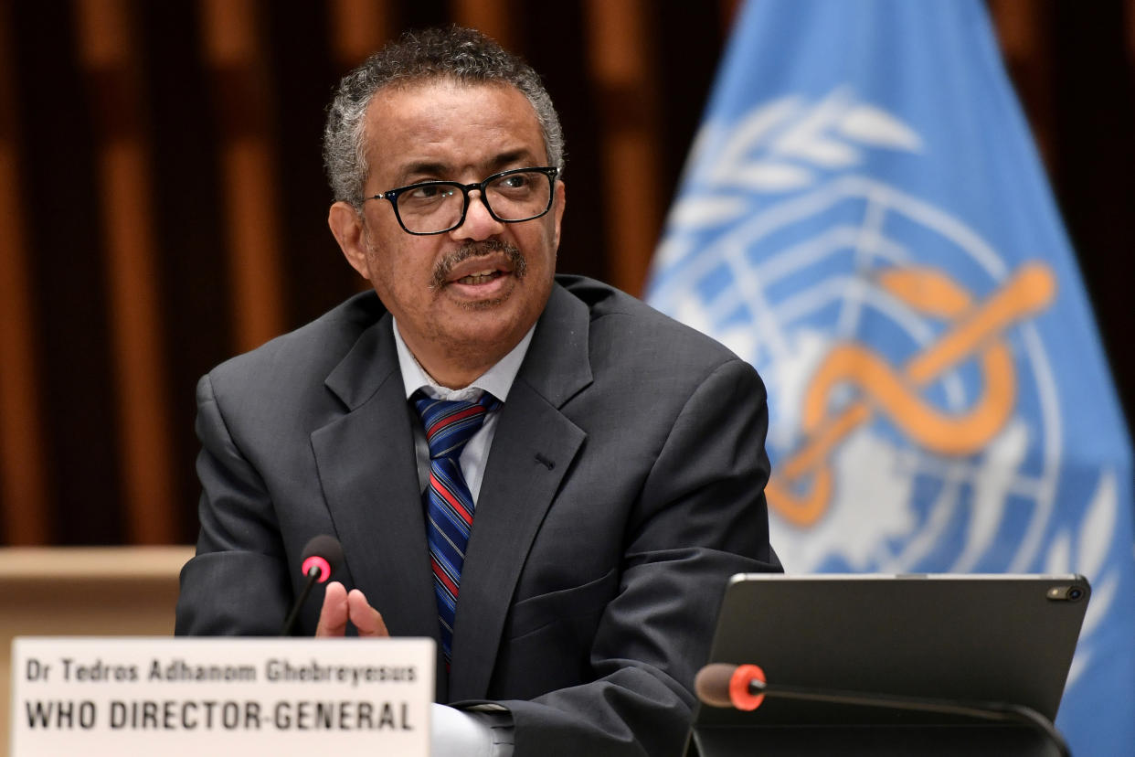 World Health Organization (WHO) Director-General Tedros Adhanom Ghebreyesus attends a news conference organized by Geneva Association of United Nations Correspondents (ACANU) amid the COVID-19 outbreak, caused by the novel coronavirus, at the WHO headquarters in Geneva Switzerland July 3, 2020. Fabrice Coffrini/Pool via REUTERS