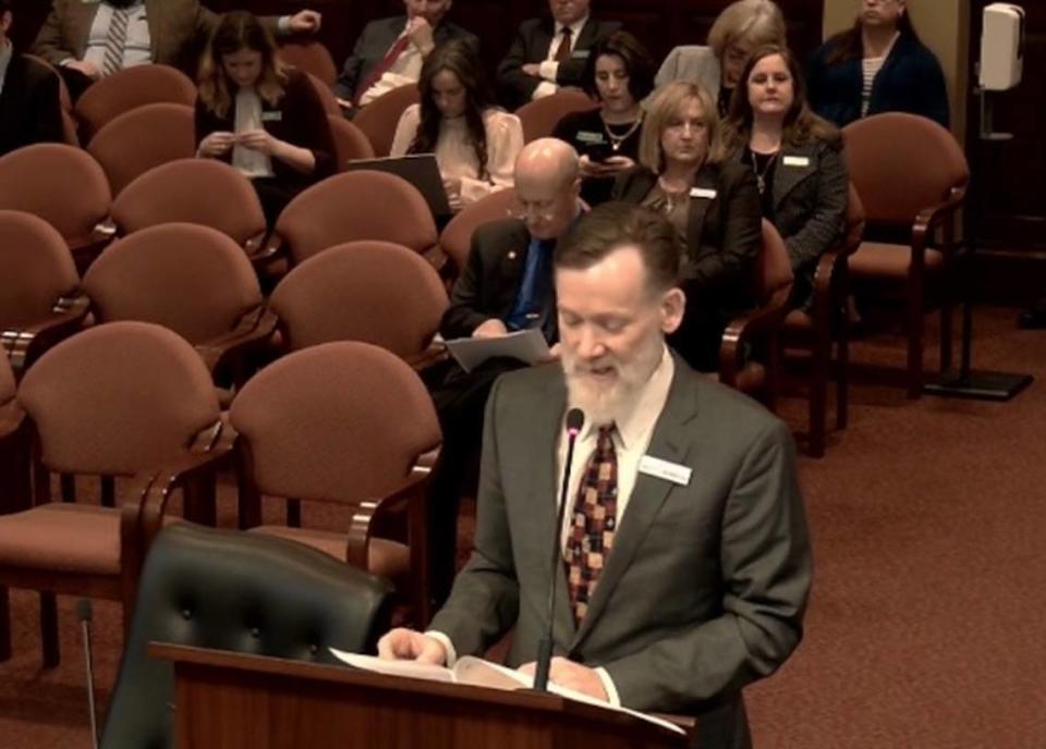 Idaho Sen. Scott Herndon, R-Sagle, speaks to the Senate State Affairs Committee on Jan. 16, 2023 at the Idaho Capitol in Boise. Herndon introduced three bills, on abortion, self-defense laws and transgender bathrooms.