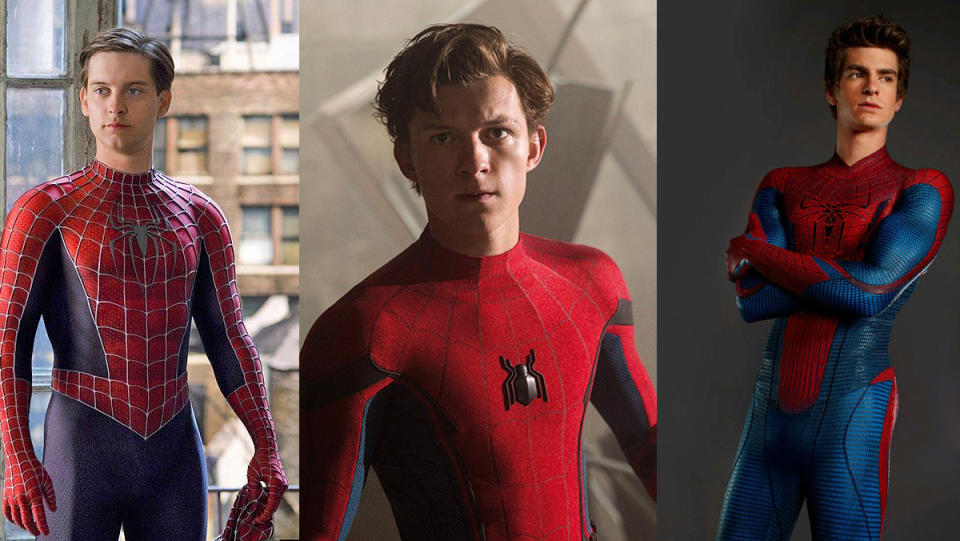 Tobey Maguire, Tom Holland, and Andrew Garfield in their respectice Spider-Man costumes.