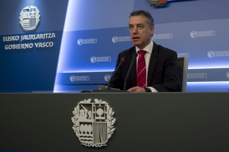 Inigo Urkullu -- the head of the Basque regional government -- announces that ETA is ready to give up its weapons, as he addresses reporters in Donostia, on March 17, 2017