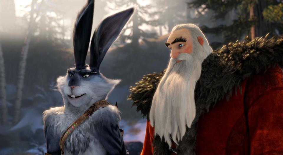 This image released by Paramount Pictures shows Bunnymund, voiced by Hugh Jackman, left, and North, voiced by Alec Baldwin in a scene from "Rise of the Guardians." (AP Photo/Paramount Pictures, DreamWorks Animation)