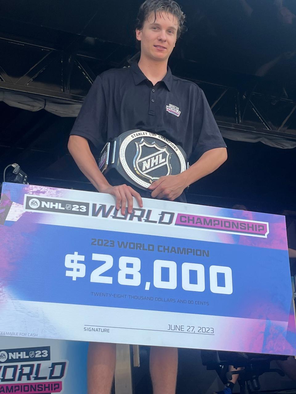 Joseph Olmstead of Troy, Michigan won the 2023 EA Sports NHL 23 World Championship outside Bridgestone Arena in Nashville, defeating Erik Tammenpaa of Helsinki, Finland.