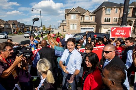 FILE PHOTO: Canada's Prime Minister Justin Trudeau greets supporters after speaking at an election campaign stop in Brampton