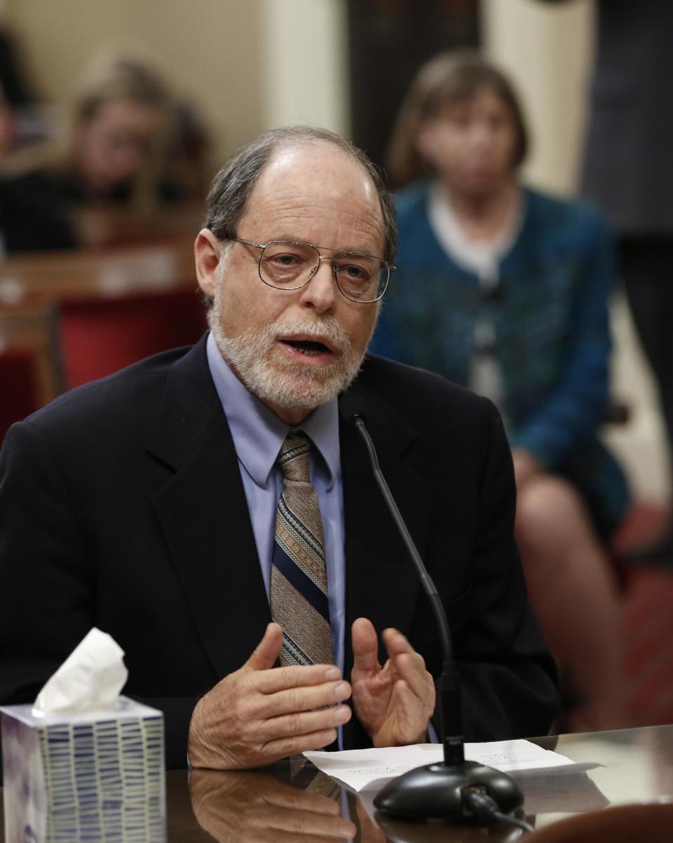 Edwin Bernbaum discuses his son, Jonathan Bernbaum, a victim of last December's Oakland warehouse fire, during a hearing of the Senate Governance and Finance Committee, Wednesday, March 15, 2017, in Sacramento, Calif. Lawmakers were exploring issues related to the fire that killed 36 in a warehouse that illegally housed an artists' collective and event space. (AP Photo/Rich Pedroncelli)