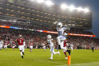 Indianapolis Colts tight end Mo Alie-Cox (81) jumps into the end zone to score against the San Francisco 49ers during the first half of an NFL football game in Santa Clara, Calif., Sunday, Oct. 24, 2021. (AP Photo/Tony Avelar)