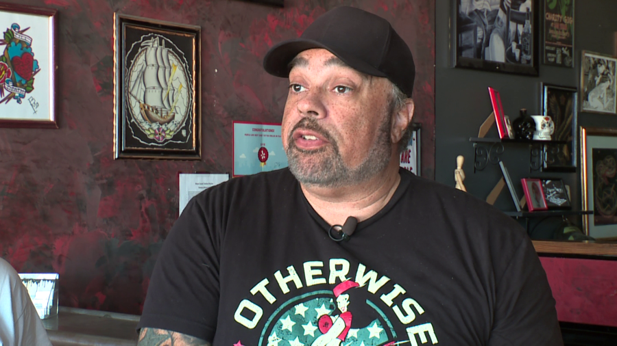 <em>Frank DiMaggio, co-owner of West Coast Tattoo Parlor, said the electricity went out for the entire business complex around 2 p.m. on May 4, but his tattoo artists found creative ways to continue working. (KLAS)</em>