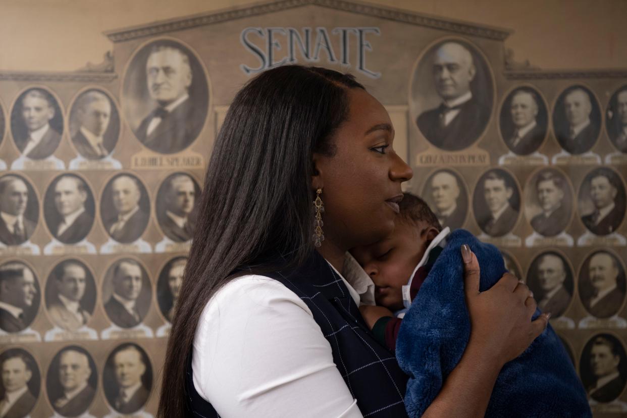 Tennessee State Senator London Lamar, D-Memphis, held her then-7-month-old son Nylinn in February 2024, while walking through the halls of the Cordell Hull State Office Building in Nashville.