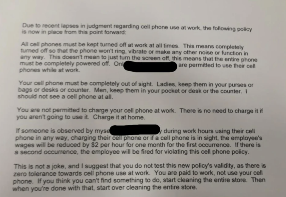 "You are not permitted to charge your cell phone at work."