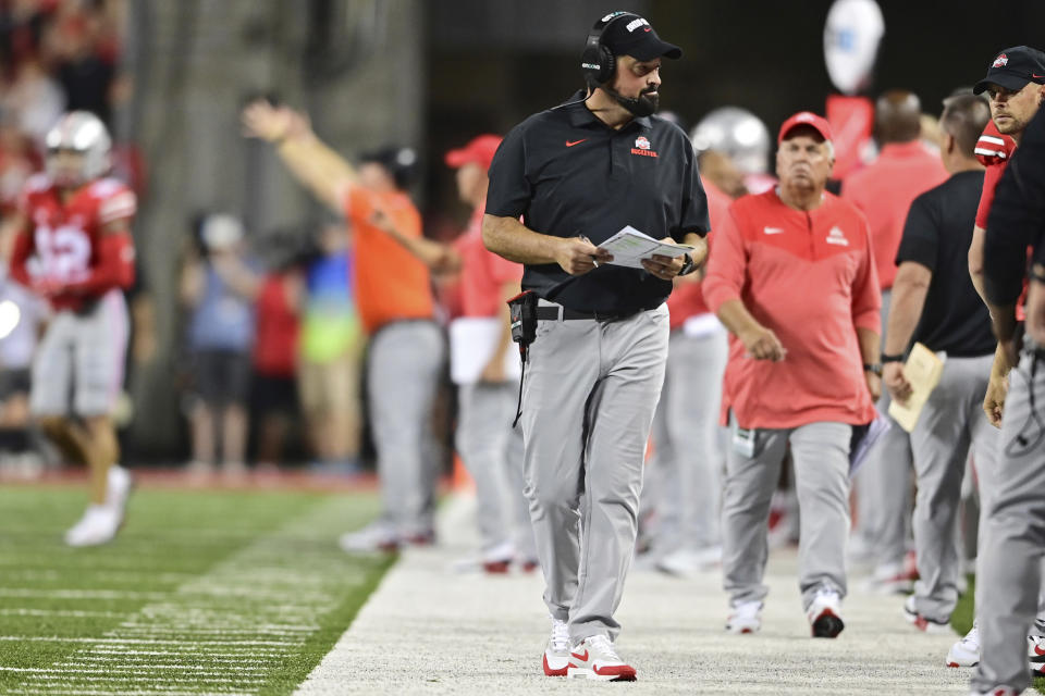 Ohio State head coach Ryan Day walks the sideline during the second quarter of an NCAA college football game against Notre Dame, Saturday, Sept. 3, 2022, in Columbus, Ohio. (AP Photo/David Dermer)