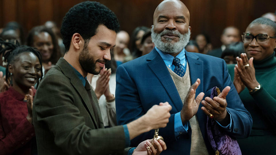 Justice Smith and David Alan Grier appear in The American Society of Magical Negroes by Kobi Libii, an official selection of the Premieres program at the 2024 Sundance Film Festival.