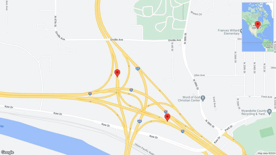 A detailed map that shows the affected road due to 'Harry Darby Memorial Highway closed in Kansas City' on June 14th at 11:43 p.m.