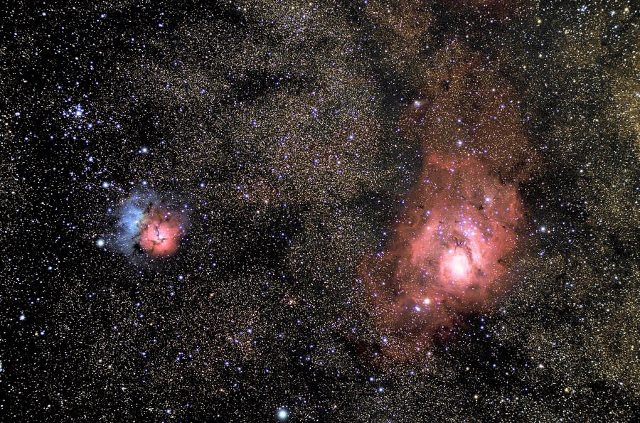 Lagoon and Trifid Nebulas M8 and M20 in the constellation Sagittarius