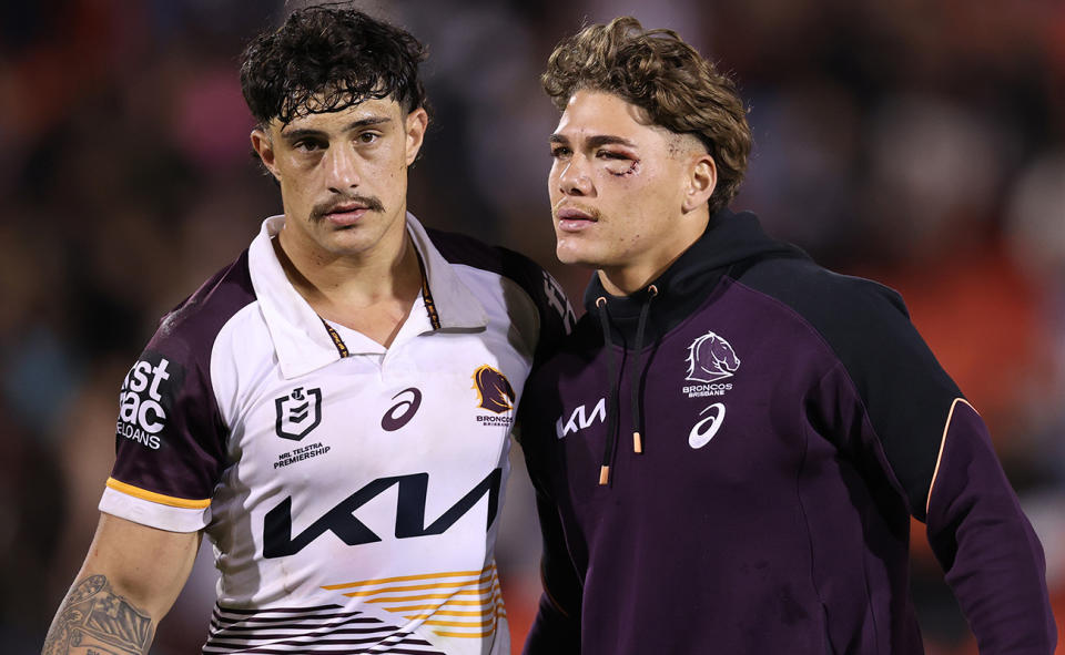 Kotoni Staggs and Reece Walsh, pictured here after the Broncos' loss to the Panthers.
