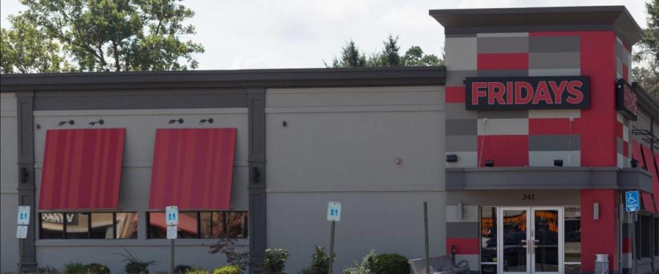 New Jersey, September 19, 2018:TGI Fridays exterior and logo. TGI Friday's is an American restaurant chain focusing on casual dining.