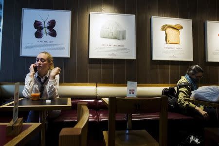 Messages referencing food preparation hang inside of a Pret A Manger store in New York August 7, 2015. REUTERS/Lucas Jackson