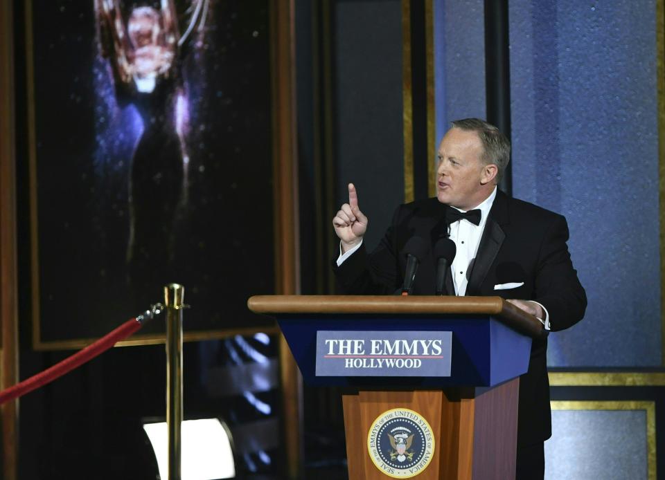 Former White House Press Secretary Sean Spicer speaks onstage during the 69th Emmy Awards at the Microsoft Theatre on Sept. 17, 2017 in Los Angeles, California.&nbsp;