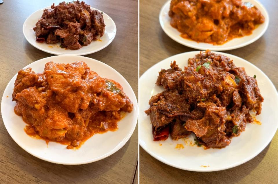 Chicken Peratal is creamy, mildly spicy with decent sized pieces of chicken and soft potatoes (left). Mutton Varuval is tender and flavourful with spices (right)