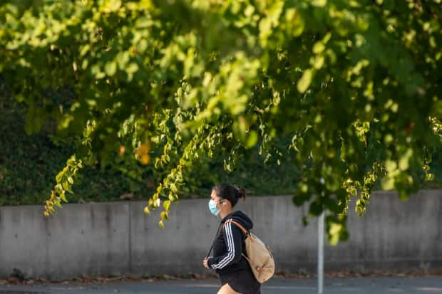 A student wears a mask at the University of British Columbia in Vancouver in the fall of 2020 when in-person classes were cancelled and replaced with online lectures. Students can go back to the classroom this year, but some want more COVID-19 restrictions before then. (Ben Nelms/CBC - image credit)