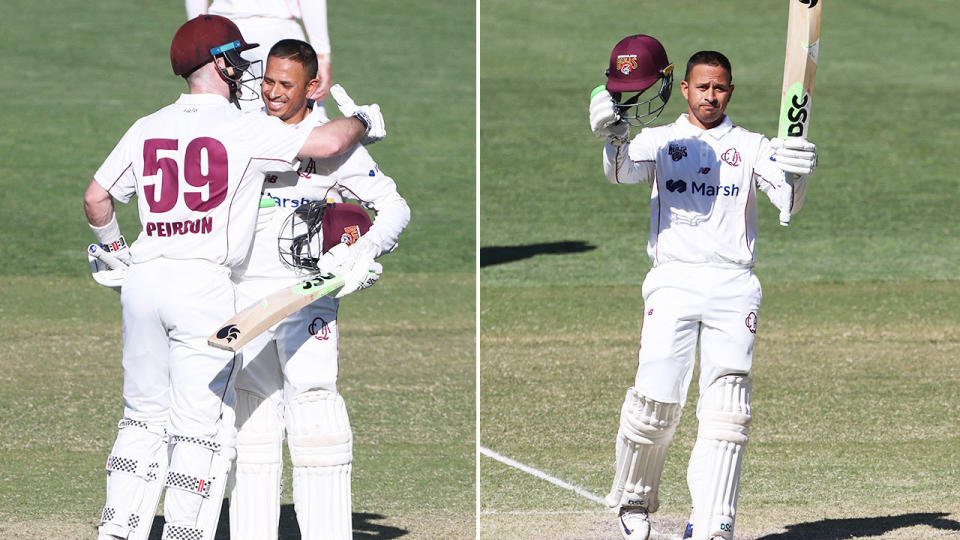 Usman Khawaja is pictured here after scoring a century for Qld in the Sheffield Shield.