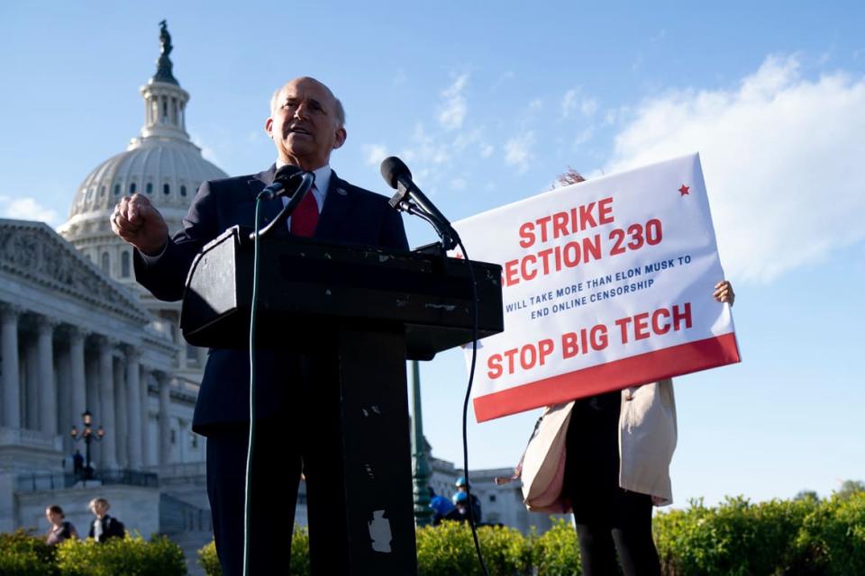 <div class="inline-image__caption"><p>Rep. Louie Gohmert speaks during a news conference on Section 230 outside the U.S. Capitol in April 2022.</p></div> <div class="inline-image__credit">Stefani Reynolds/AFP via Getty</div>