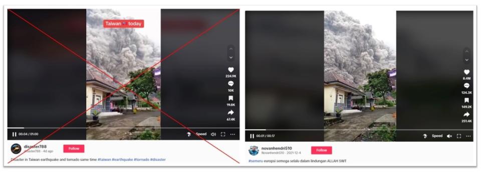 <span>Screenshot comparison of the footage in the false posts (left) and the video from TikTok (right)</span>