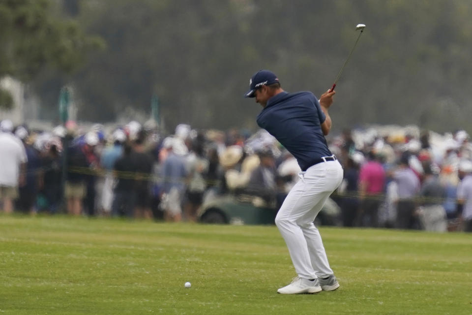 Guido Migliozzi, of Italy, hits from the 18th fairway during the final round of the U.S. Open Golf Championship, Sunday, June 20, 2021, at Torrey Pines Golf Course in San Diego. (AP Photo/Gregory Bull)