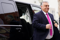 Hungarian Prime Minister Viktor Orban arrives at the V4 meeting in Prague, Czech Republic, Tuesday, Feb. 27, 2024. (AP Photo/Petr David Josek)