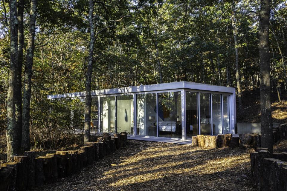 The smaller home is wrapped in all glass, allowing it to merge with its natural surroundings.