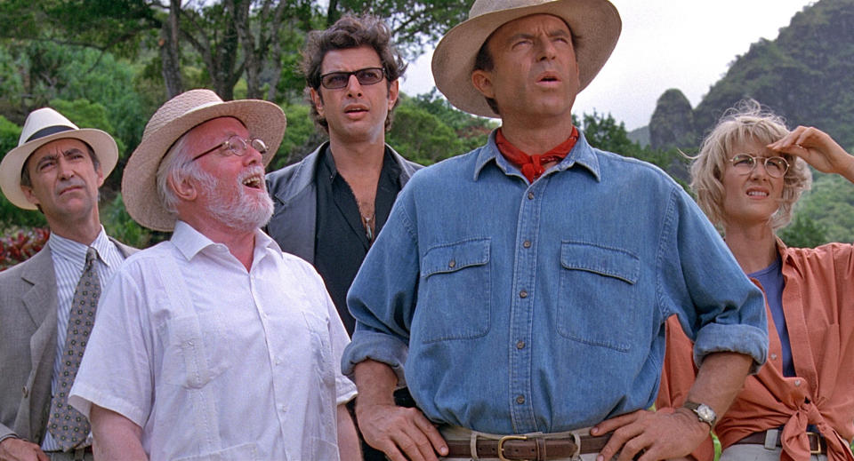 Martin Ferrero, Richard Attenborough, Jeff Goldblum, Sam Neill, and Laura Dern in "Jurassic Park"
