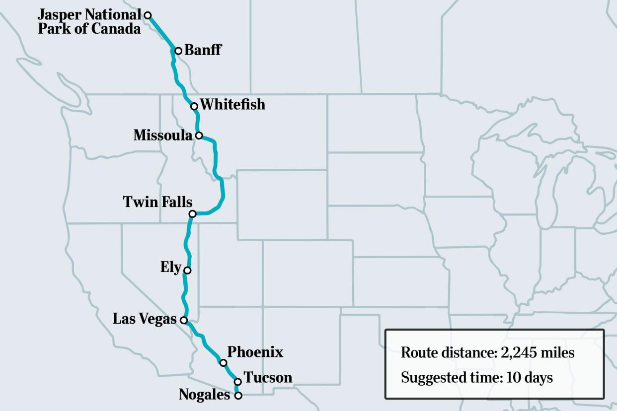 border to border road trip map route with select cities