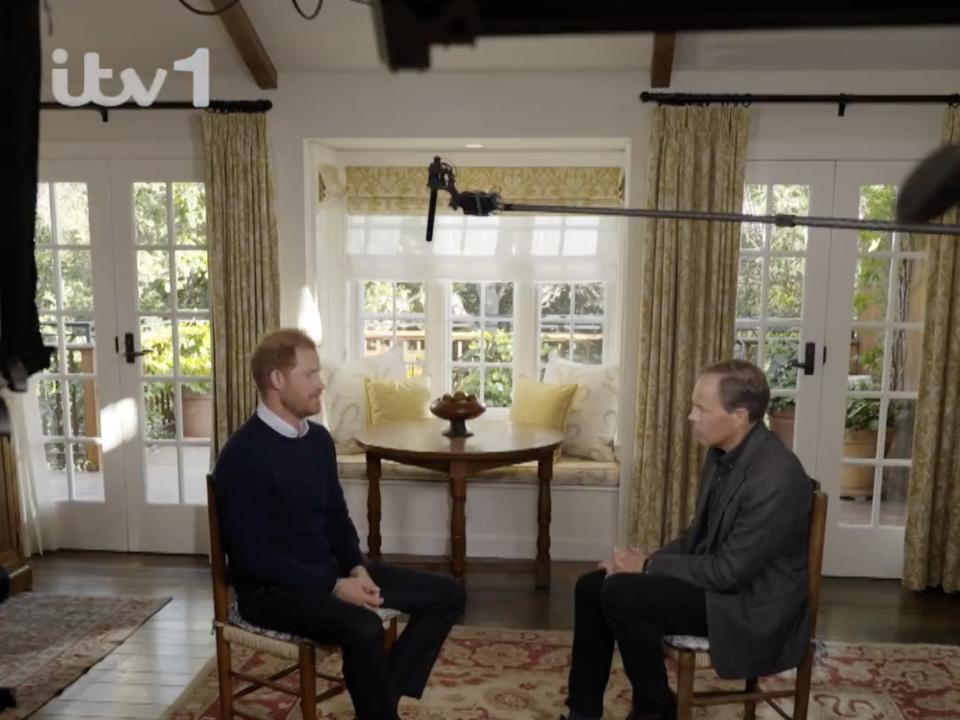 Prince Harry being interviewed by Tom Bradby at his home in Montecito, California.