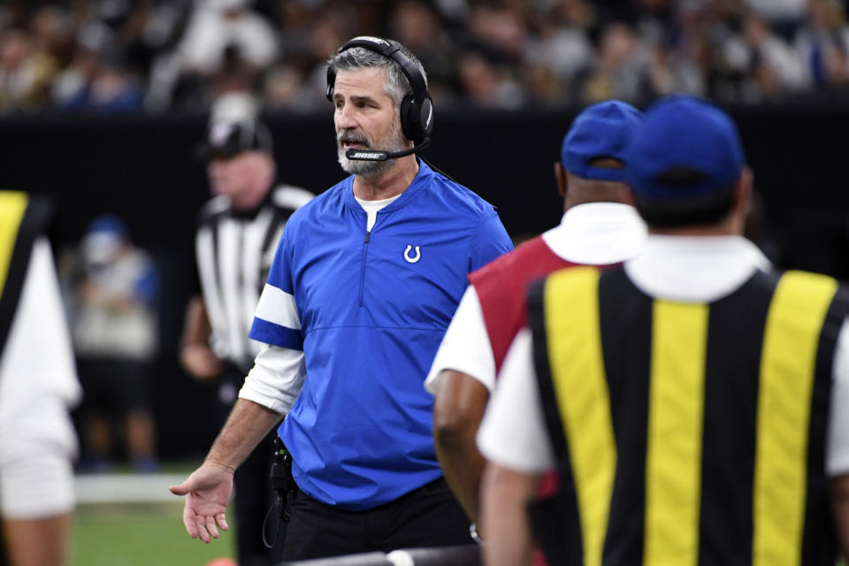 Indianapolis Colts head coach Frank Reich talks on the sideline in the first half of an NFL football game against the New Orleans Saints in New Orleans, Monday, Dec. 16, 2019. The Saints won 34-7. (AP Photo/Bill Feig)
