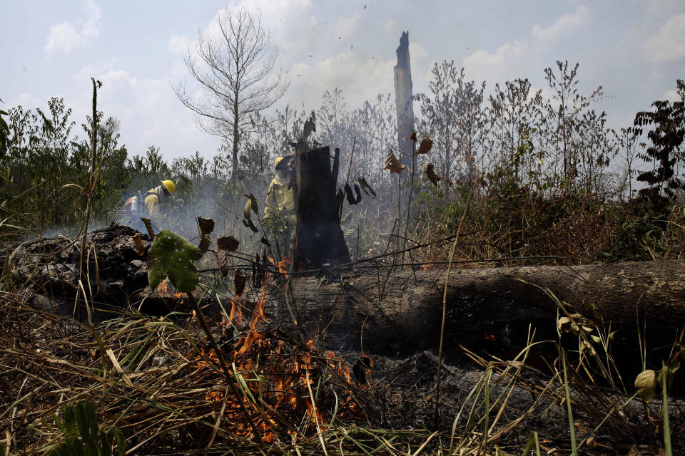 Firefighters work to put out forest fires along the road to Jacunda National Forest near the city of Porto Velho in Rondonia state, in the Vila Nova Samuel region, part of Brazil's Amazon, Sunday, Aug. 25, 2019. Leaders of the Group of Seven nations said Sunday they were preparing to help Brazil fight the fires burning across the Amazon rainforest and repair the damage even as tens of thousands of soldiers were being deployed to fight the blazes that have caused global alarm. (AP Photo/Eraldo Peres)