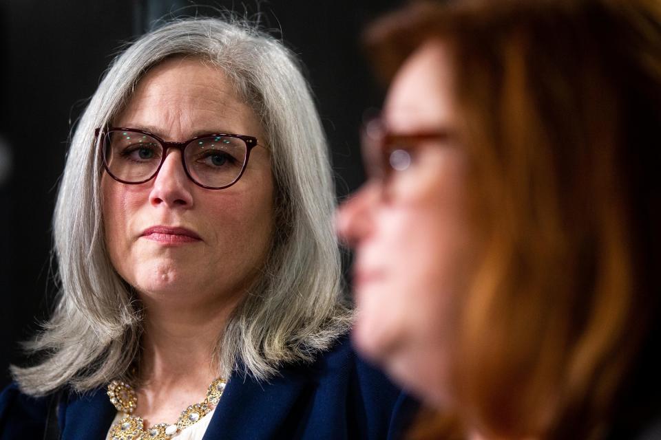 Adeline Hambley and her attorney Sarah Howard give comment to the press after their hearing in front of the Michigan Court of Appeals Wednesday, Oct. 11, 2023, in Grand Rapids.