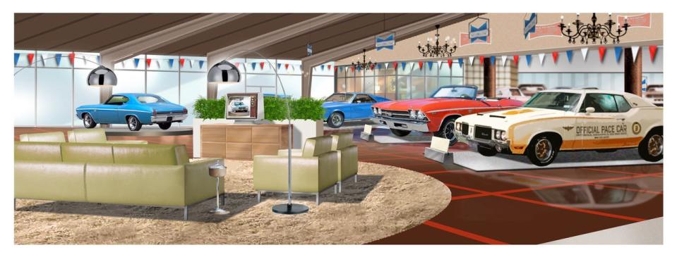 A rendering of the interior of the replica muscle car dealership expected to be added to the Gilmore Car Museum by 2021.