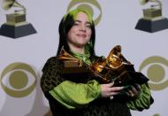 FILE PHOTO: 62nd Grammy Awards – Photo Room – Los Angeles, California, U.S., January 26, 2020 - Billie Eilish poses backstage with her awards