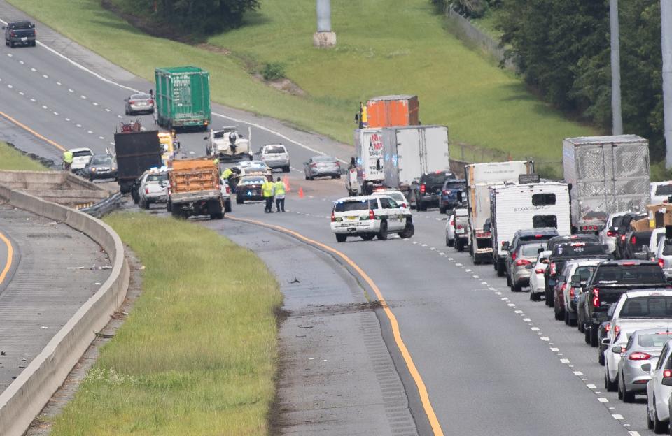 Eastbound traffic on Interstate 10 slows to one lane as the Florida Highway Patrol and Leon County Sheriff's Office investigate "several vehicle crashes between mile markers 199 and 203" Monday, July 6, 2020.